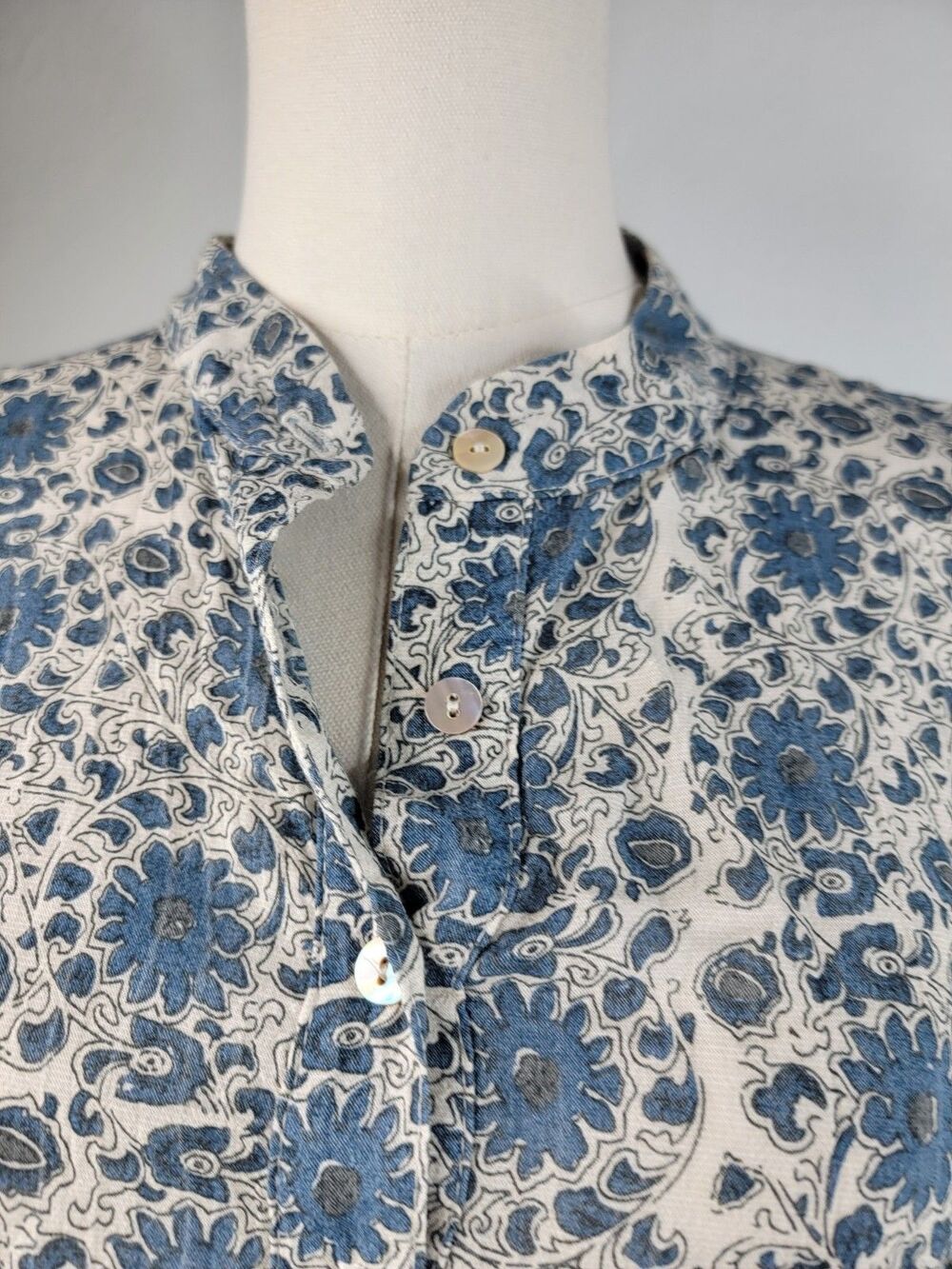 Pietsie Atlin Boho Blouse Top Womens size M 100% Cotton Blue Floral Band Collar - Picture 9 of 17